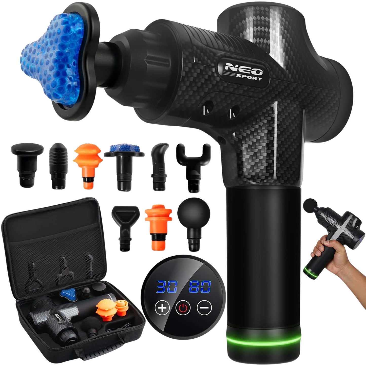 Massage Gun with 9 Attachments – Wireless, 30 Speeds
