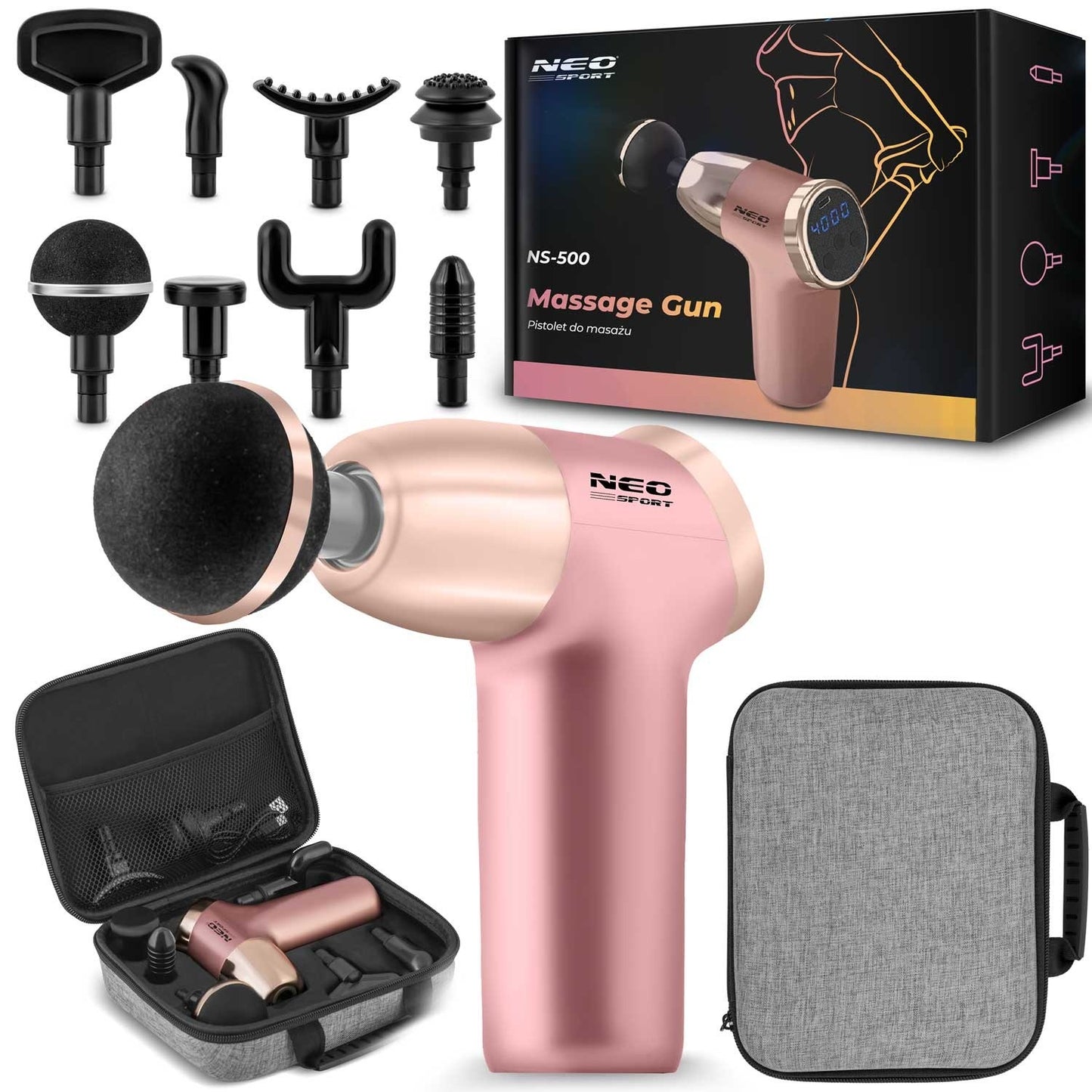 Massage gun for the body with 8 accessories NS-500 Neo-sport pink