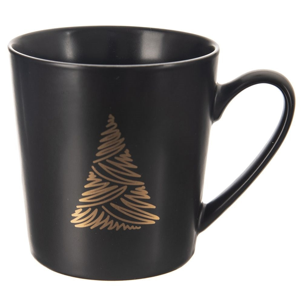 Matt Black Porcelain Mug with Christmas Tree Motif, Microwave Safe