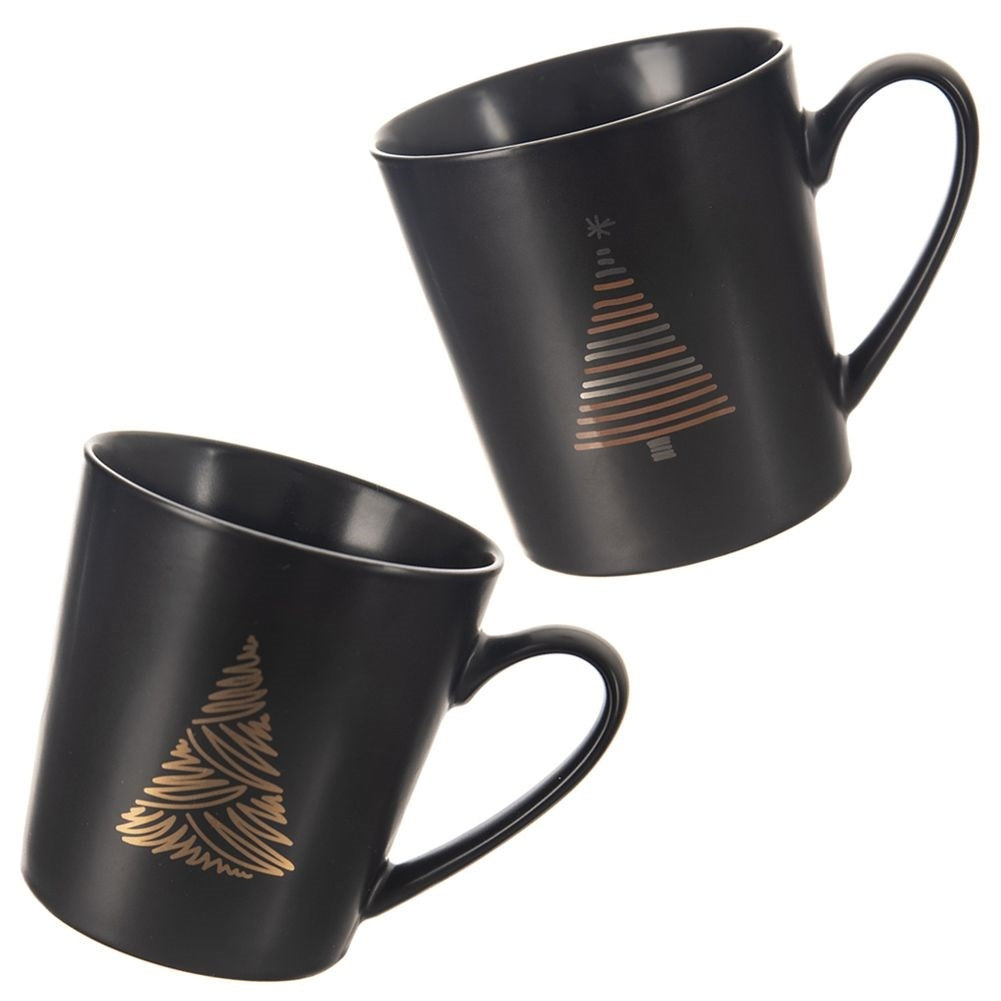 Matt Black Porcelain Mug with Christmas Tree Motif, Microwave Safe