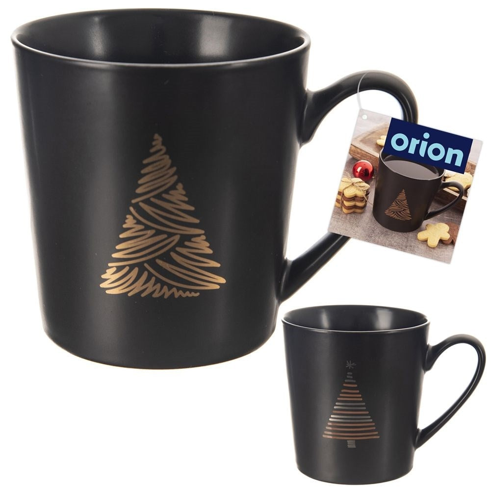 Matt Black Porcelain Mug with Christmas Tree Motif, Microwave Safe