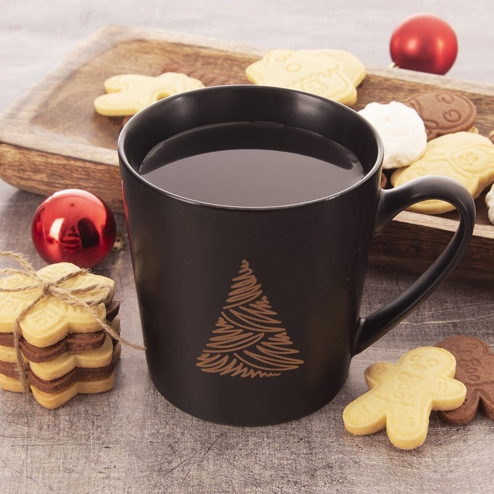 Matt Black Porcelain Mug with Christmas Tree Motif, Microwave Safe