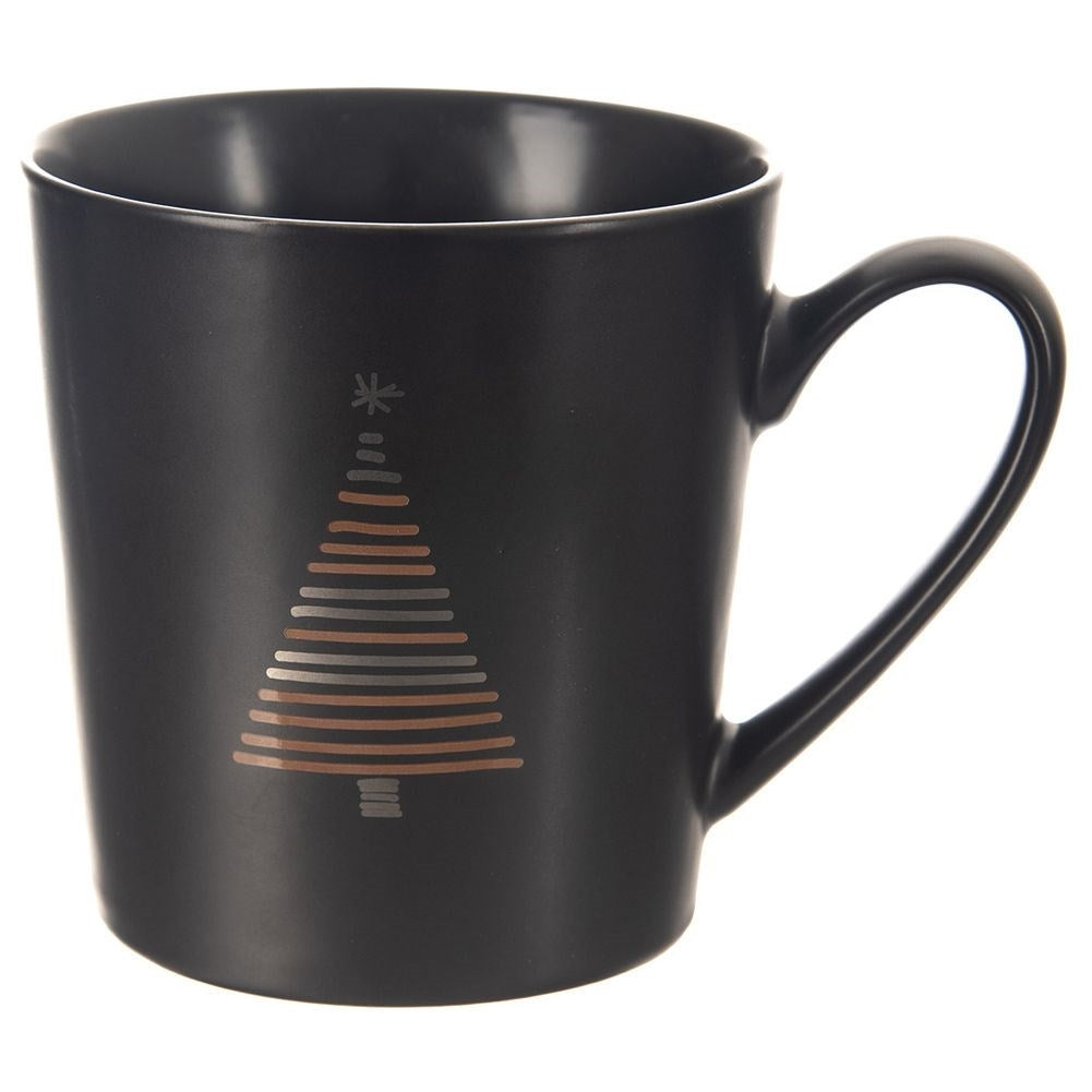 Matt Black Porcelain Mug with Christmas Tree Motif, Microwave Safe