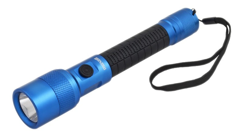 Maxell UV LED flashlight, IP44, aluminium, powered by 2xAA batteries, blue