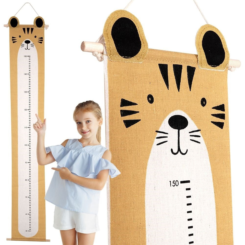 Measuring stick for children in mustard yellow canvas with tiger motif
