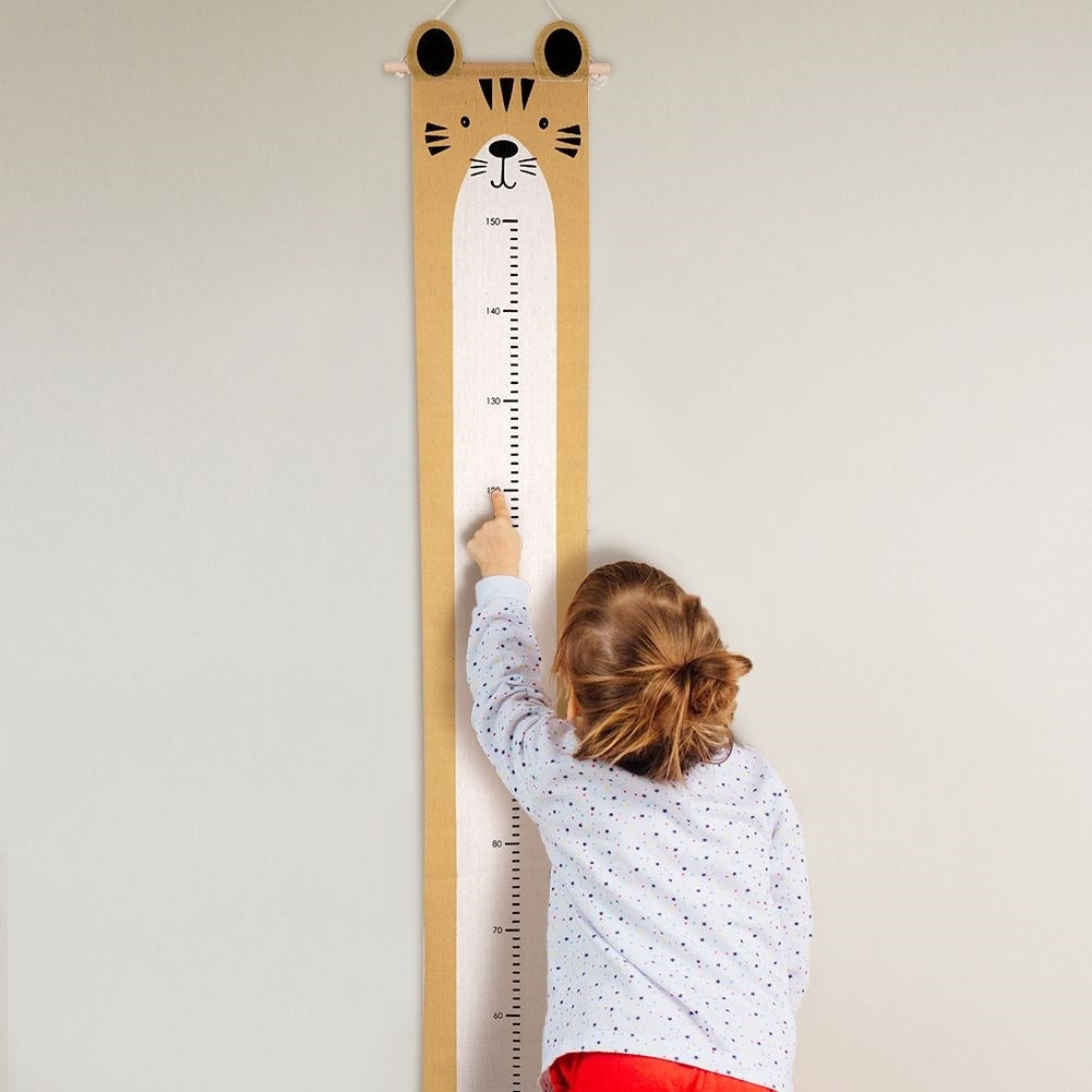 Measuring stick for children in mustard yellow canvas with tiger motif