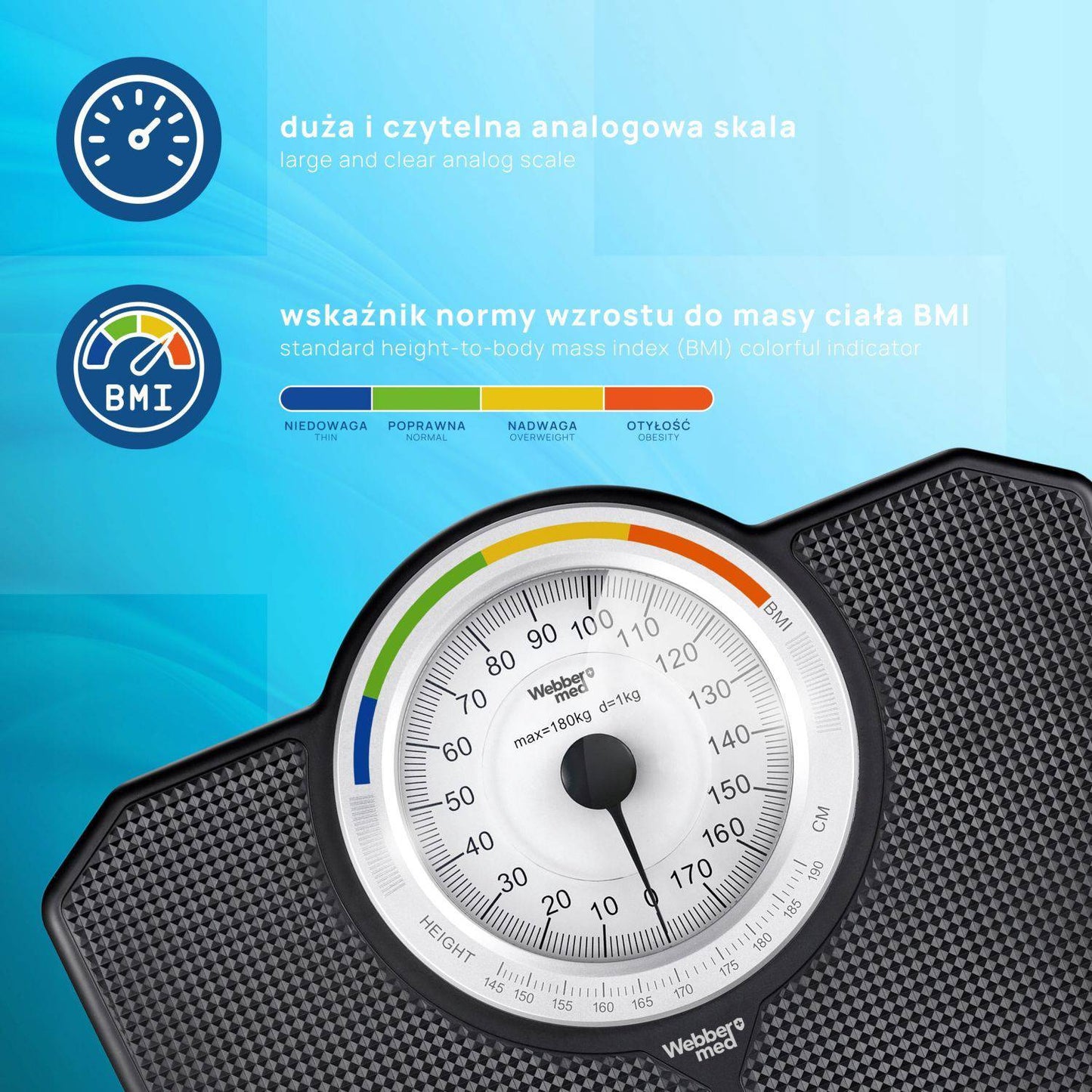 Mechanical Bathroom Scale with BMI, 180 kg Capacity, Black