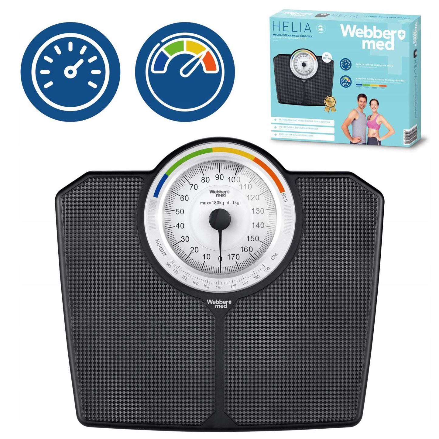Mechanical Bathroom Scale with BMI, 180 kg Capacity, Black