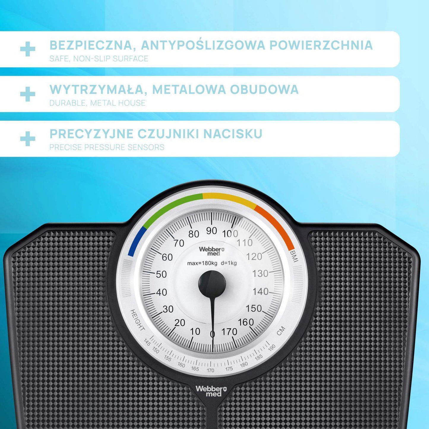 Mechanical Bathroom Scale with BMI, 180 kg Capacity, Black