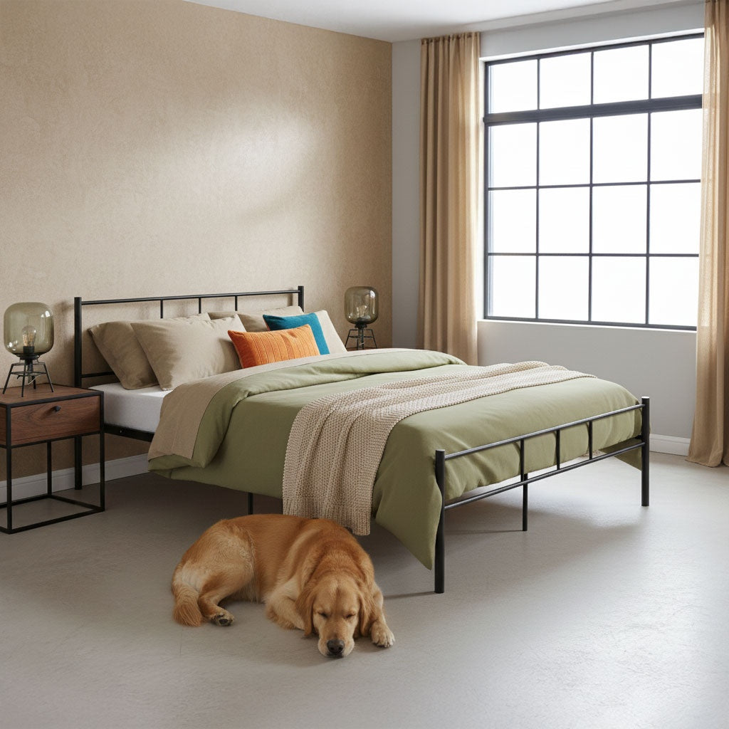 Metal Bed Frame 140x200 cm, Black, Slatted Base
