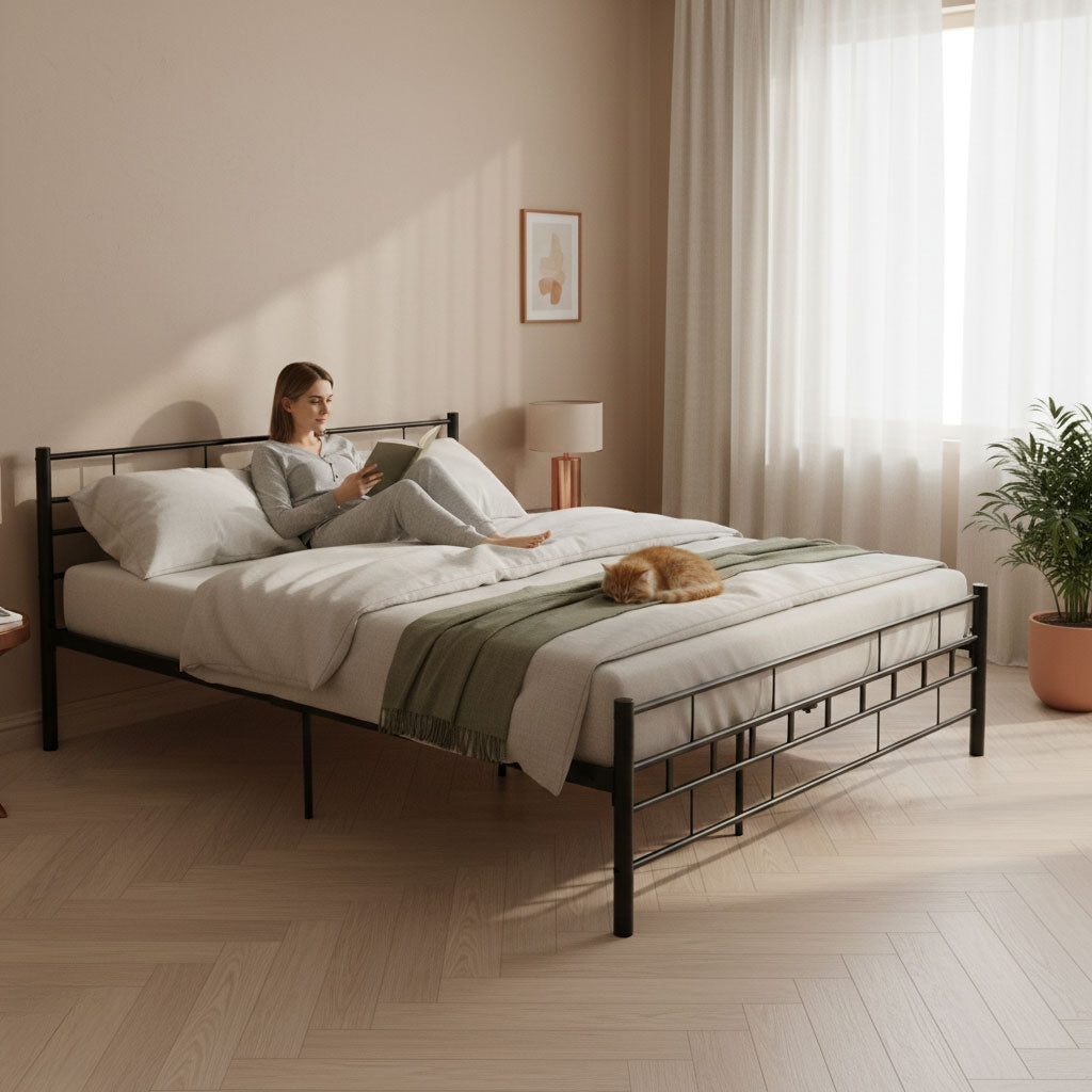 Metal Bed Frame 140x200 cm, Black, Slatted Base