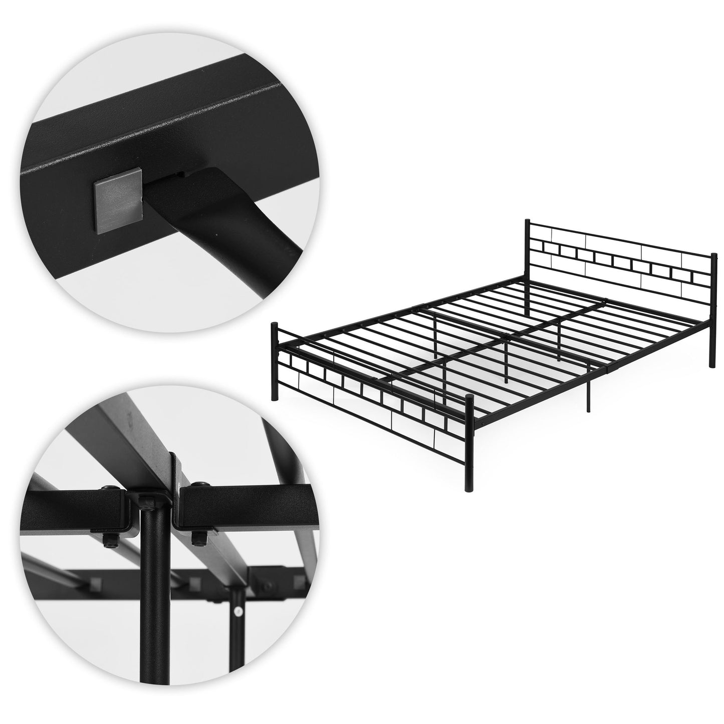 Metal Bed Frame 140x200 cm, Black, Slatted Base