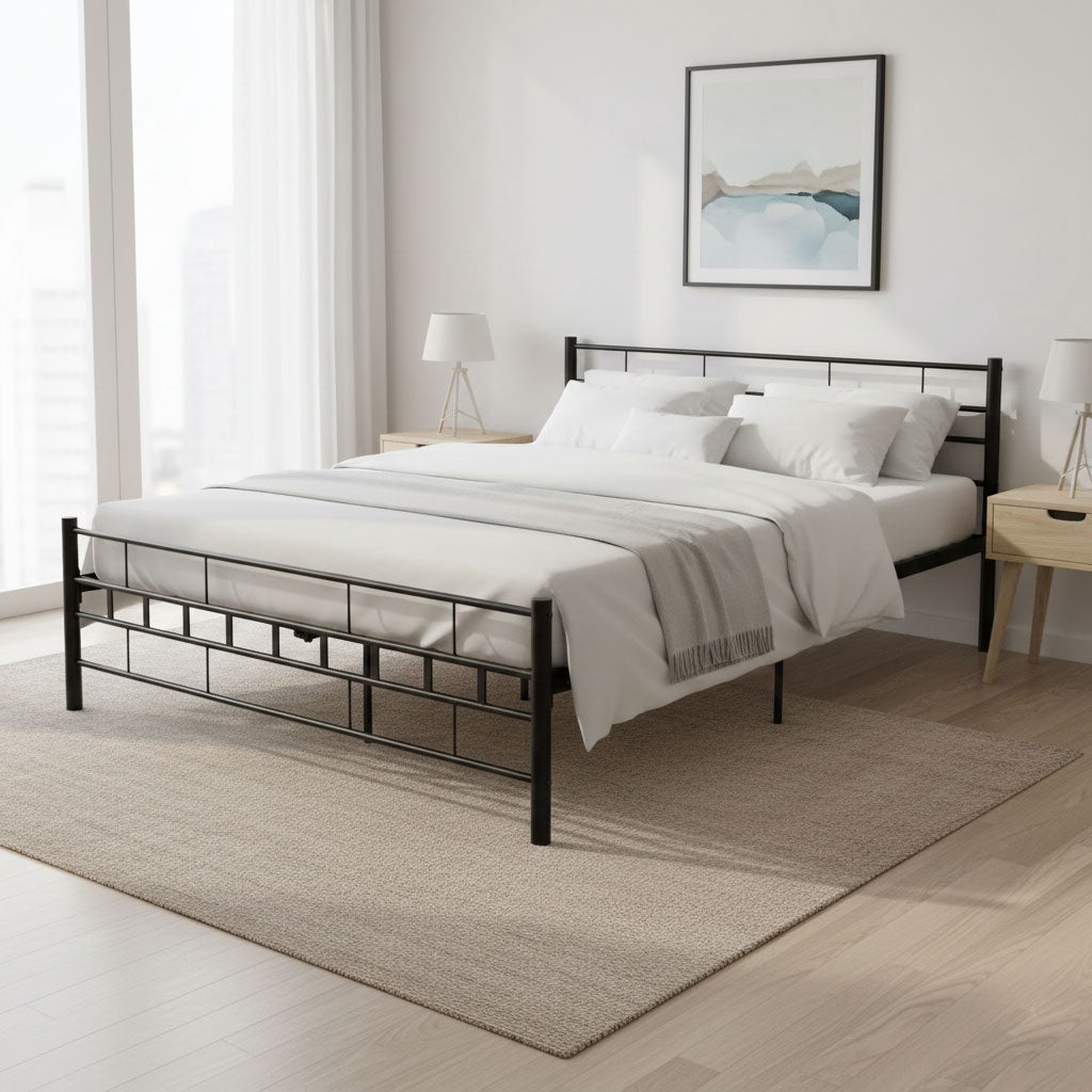 Metal Bed Frame 140x200 cm, Black, Slatted Base