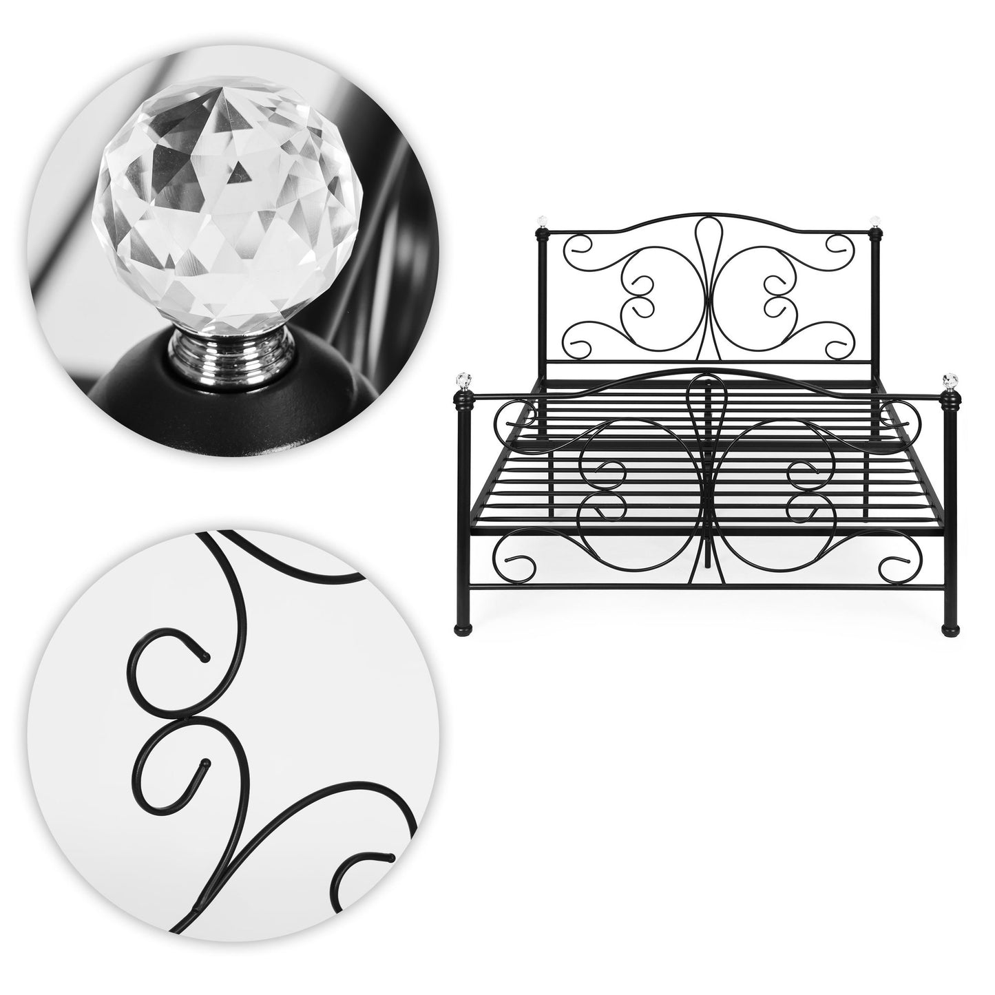 Metal Bed Frame 160x200 cm, Black with Crystals