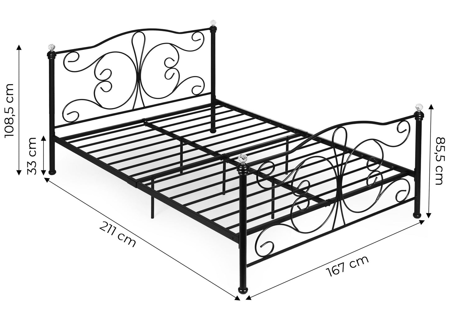 Metal Bed Frame 160x200 cm, Black with Crystals