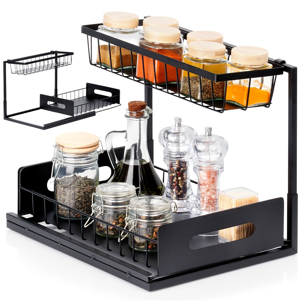 Metal Kitchen Shelf with Pull-Out Drawer, Black, 36x27x28.5 cm