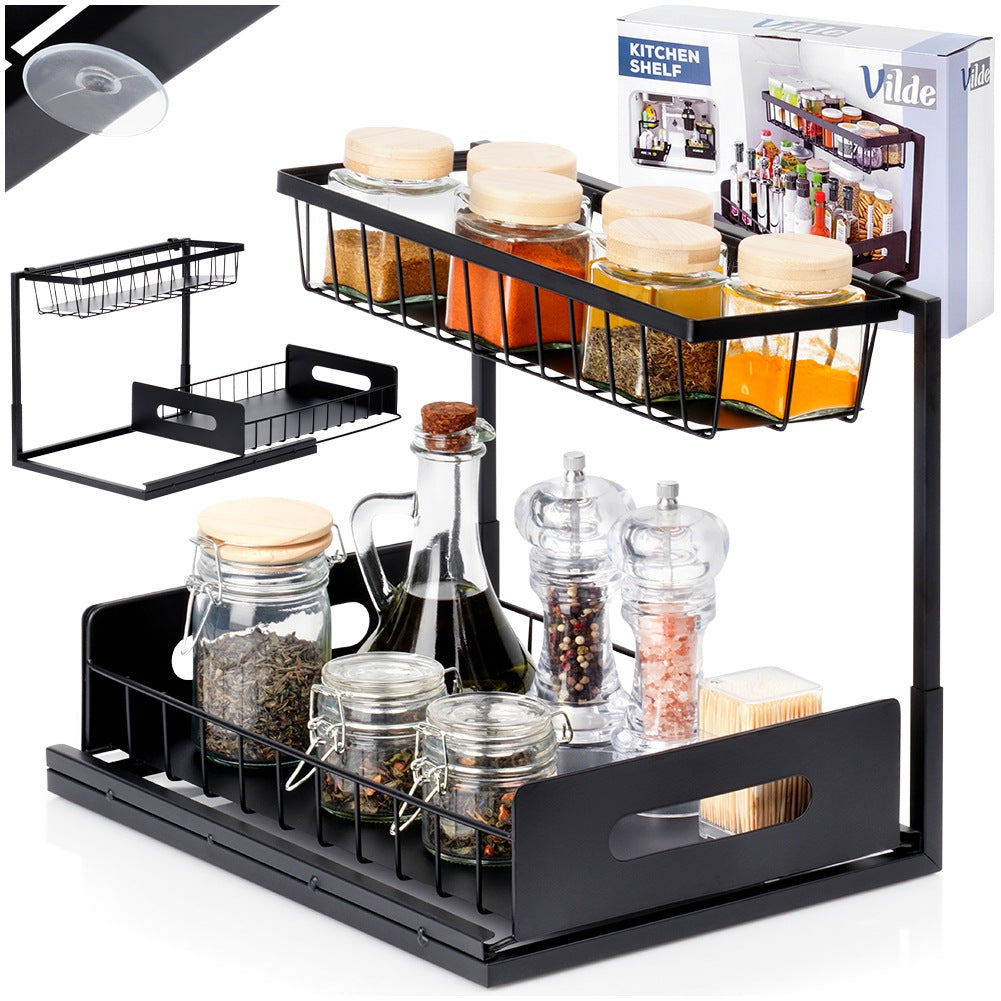 Metal Kitchen Shelf with Pull-Out Drawer, Black, 36x27x28.5 cm