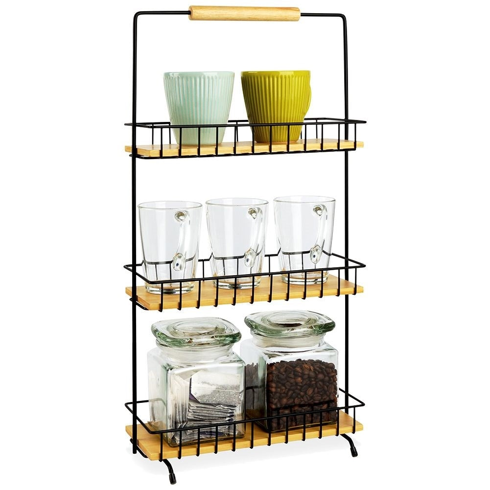 Metal construction kitchen shelf with wooden shelves and handles