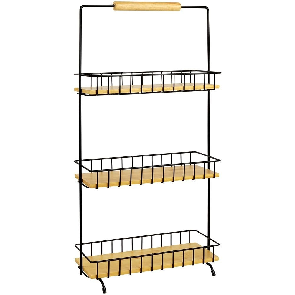 Metal construction kitchen shelf with wooden shelves and handles
