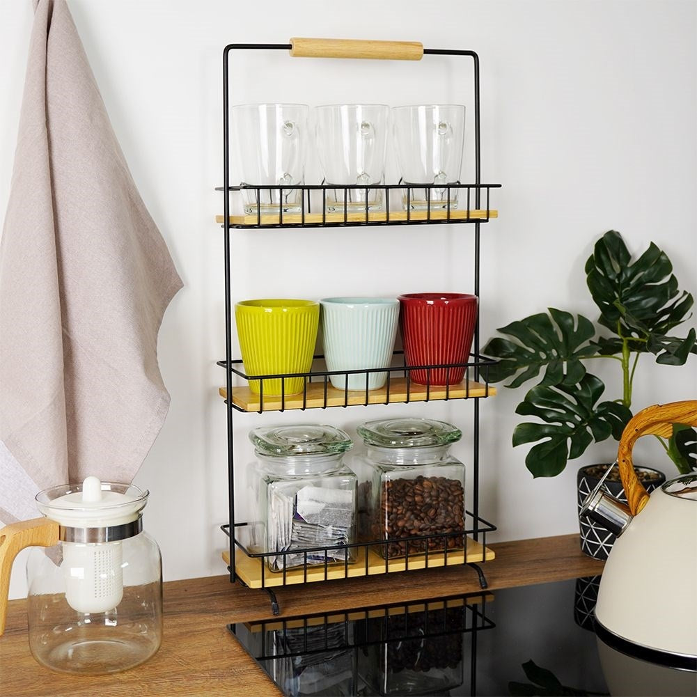Metal construction kitchen shelf with wooden shelves and handles