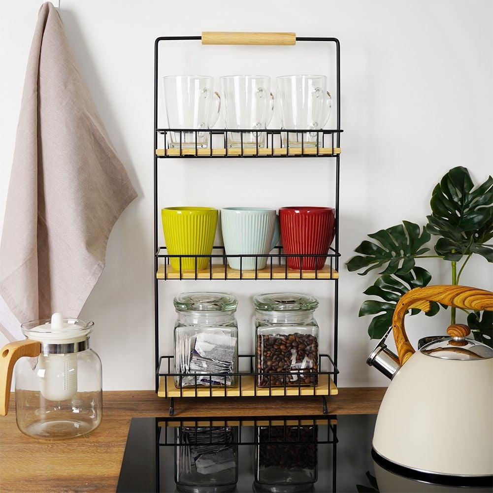 Metal construction kitchen shelf with wooden shelves and handles