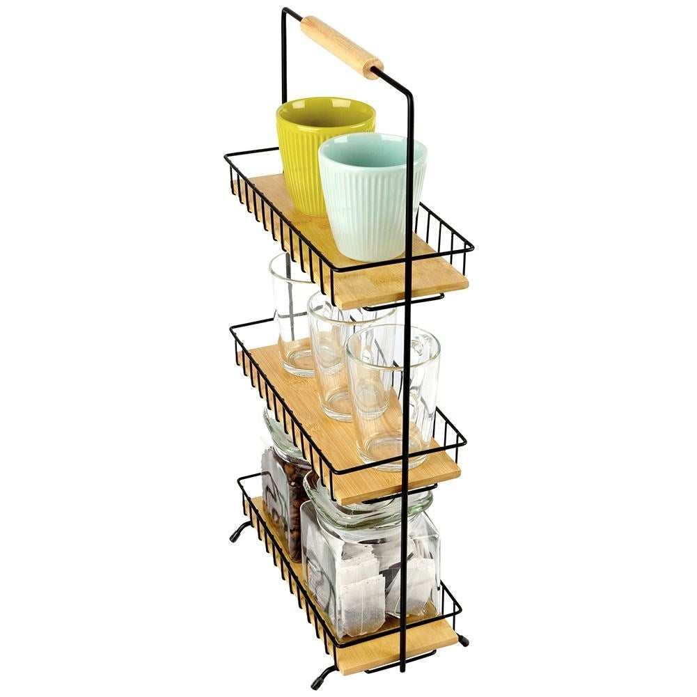 Metal construction kitchen shelf with wooden shelves and handles
