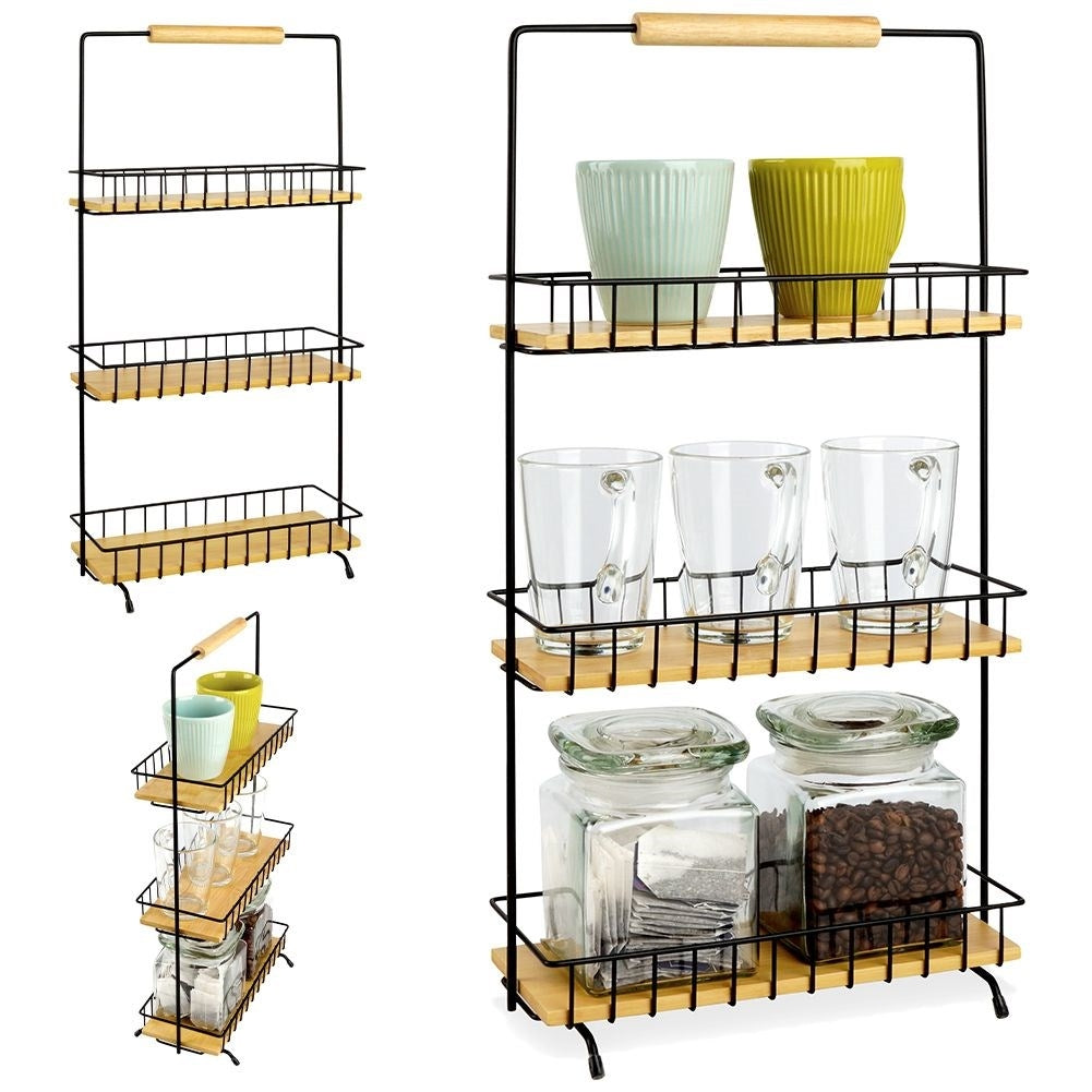 Metal construction kitchen shelf with wooden shelves and handles