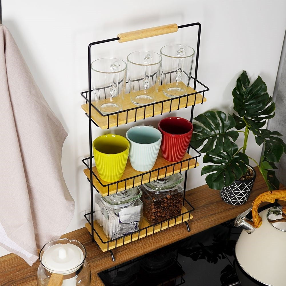 Metal construction kitchen shelf with wooden shelves and handles
