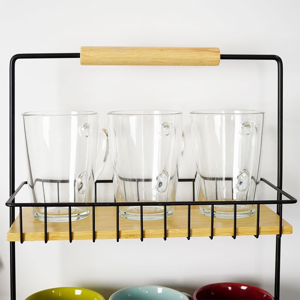 Metal construction kitchen shelf with wooden shelves and handles