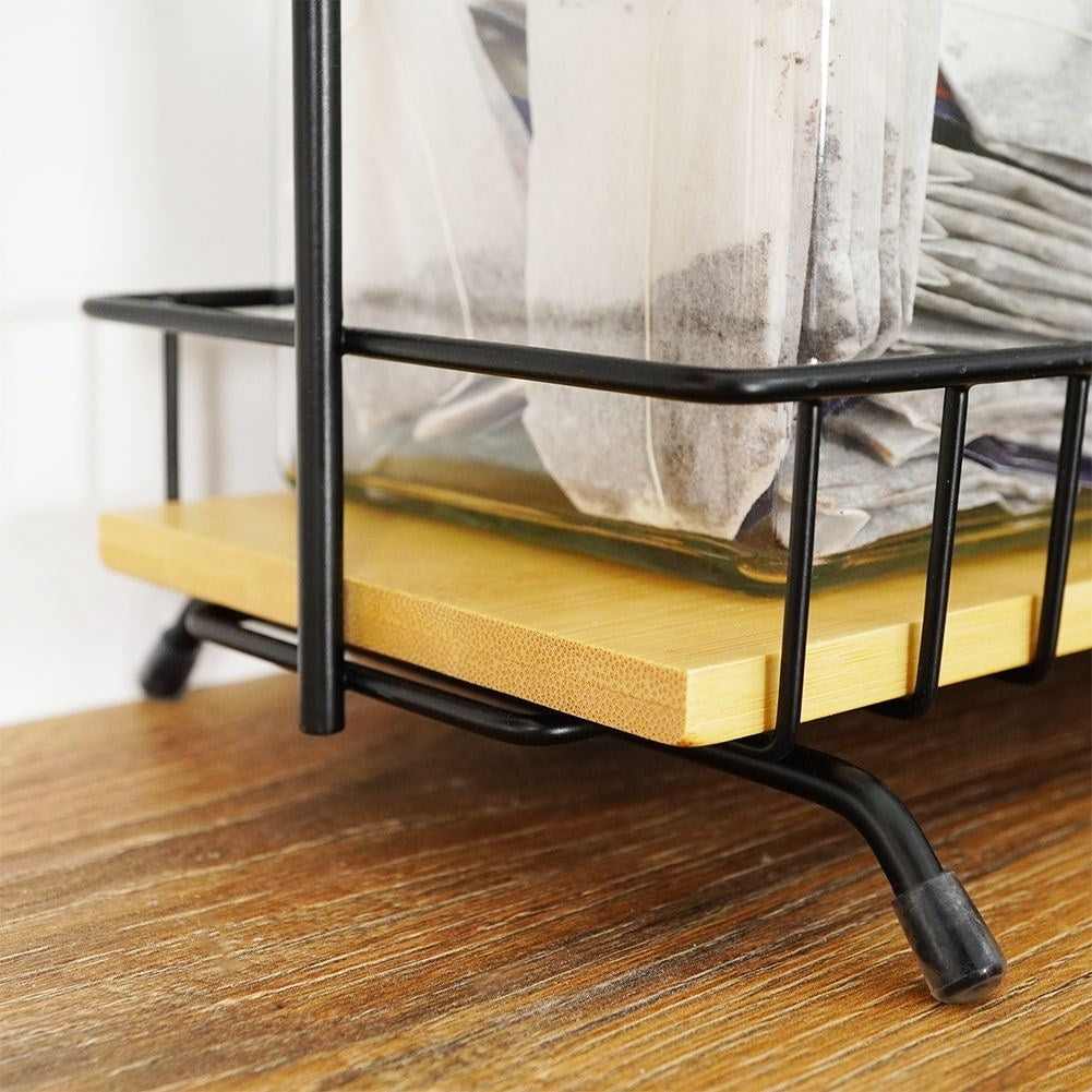 Metal construction kitchen shelf with wooden shelves and handles