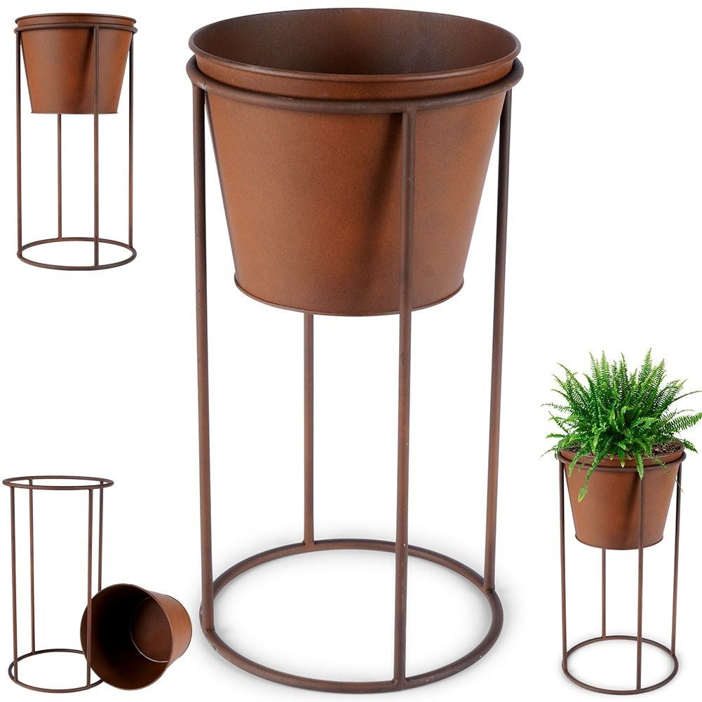 Metal flower pot on stand with rust effect