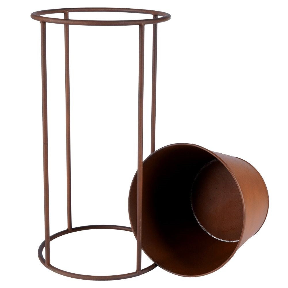 Metal flower pot on stand with rust effect