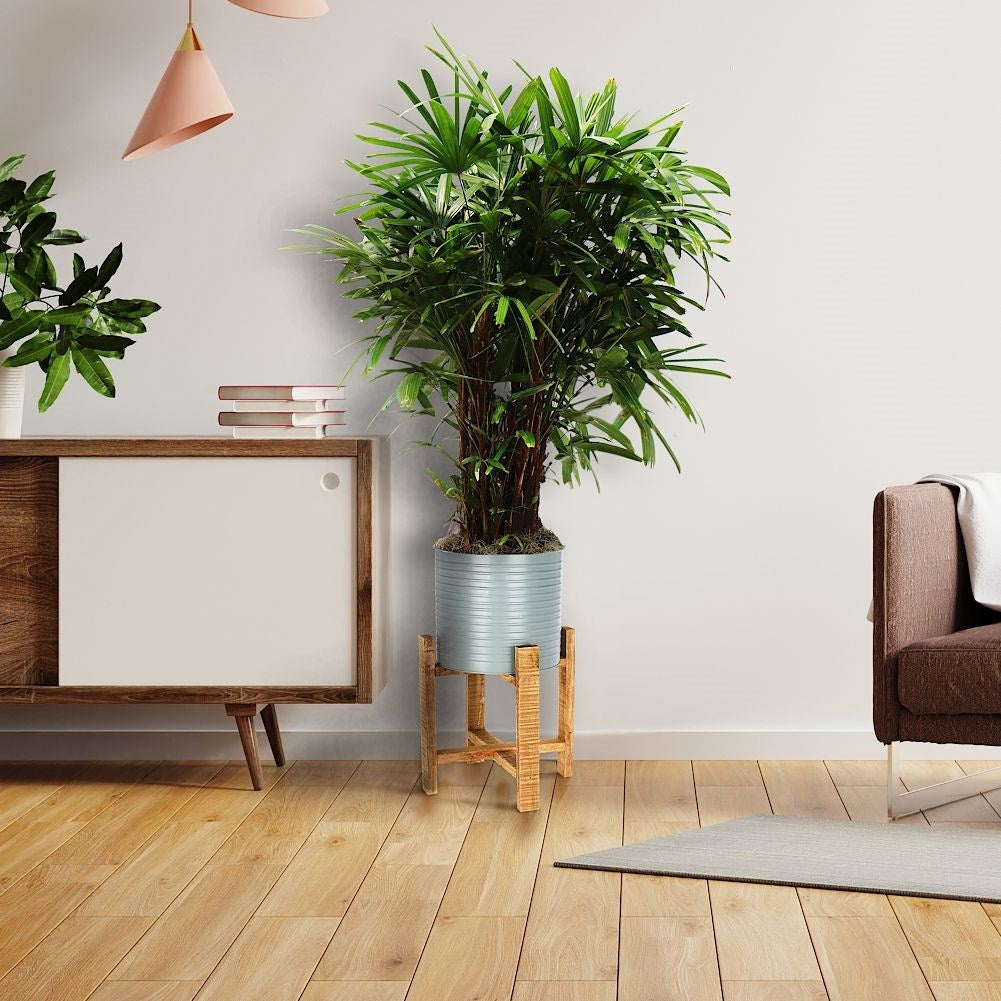 Metal flower pot with wooden stand for modern interior design
