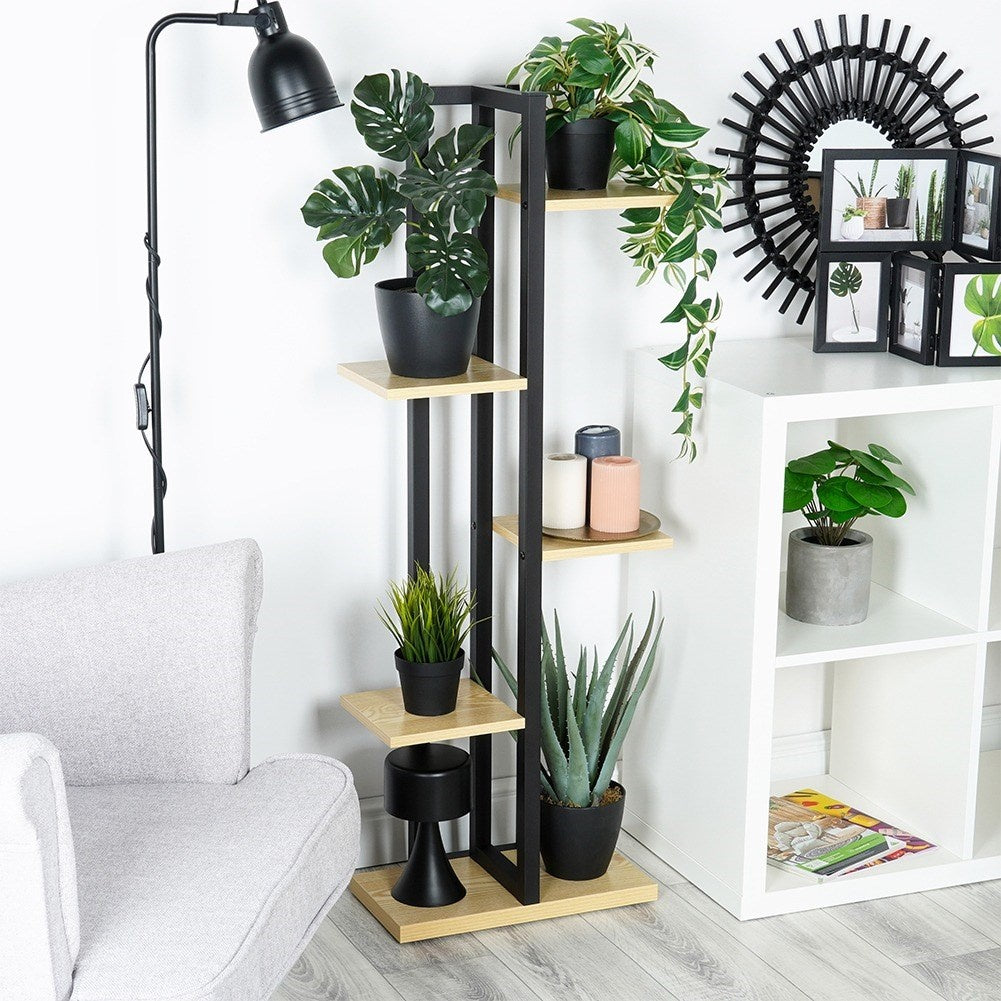 Metal flower stand with 6 pot slots, industrial style