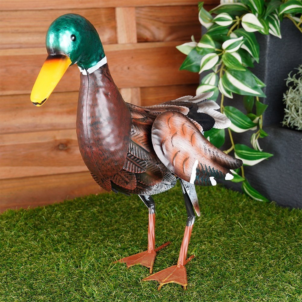 Metal garden duck with vibrant colors for outdoor use