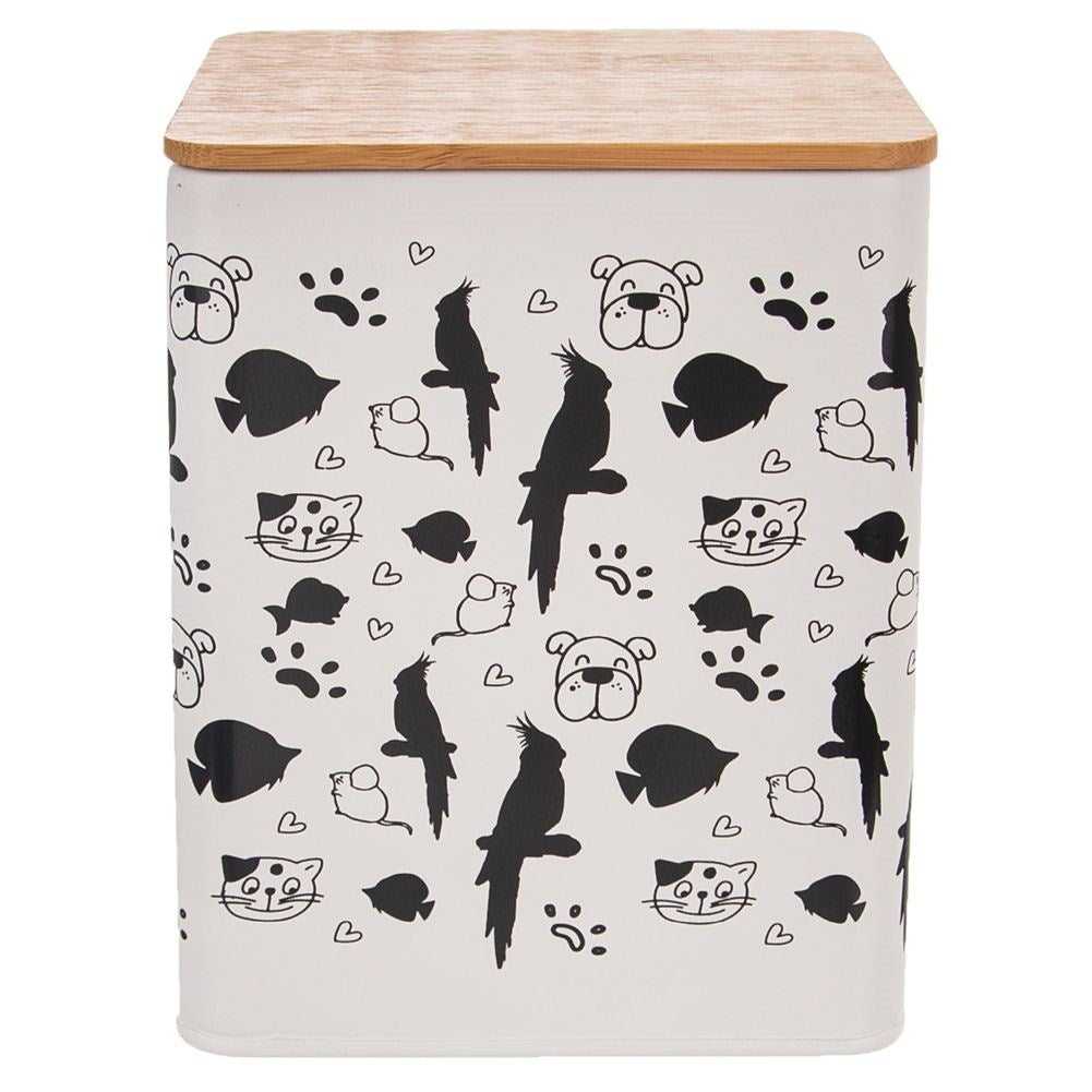 Metal pet food box with airtight wooden lid, unique decoration