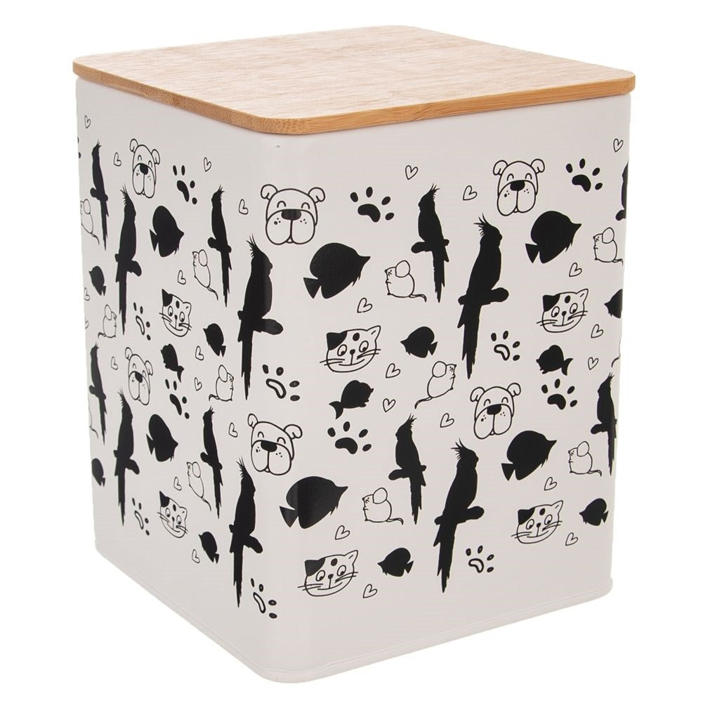 Metal pet food box with airtight wooden lid, unique decoration