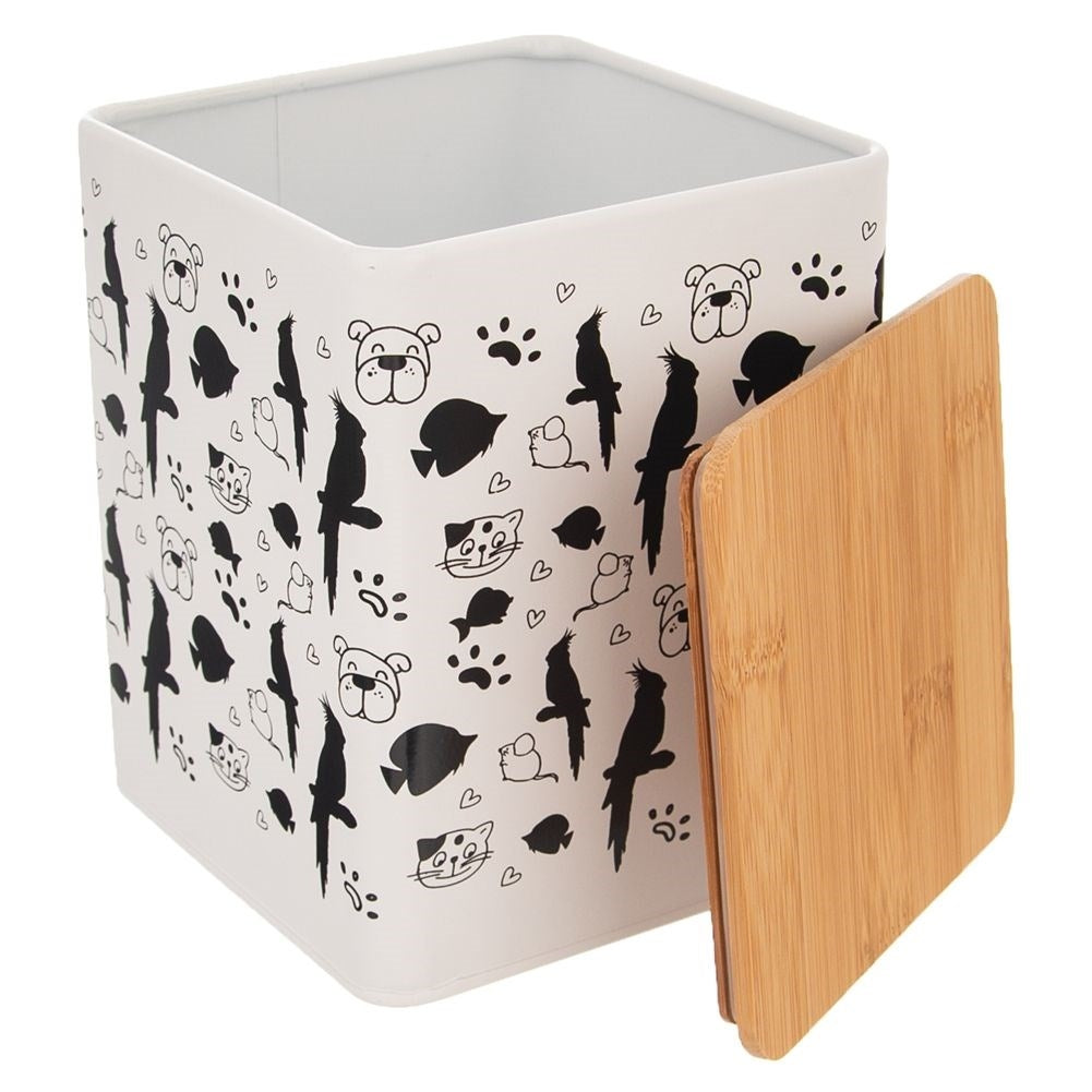 Metal pet food box with airtight wooden lid, unique decoration