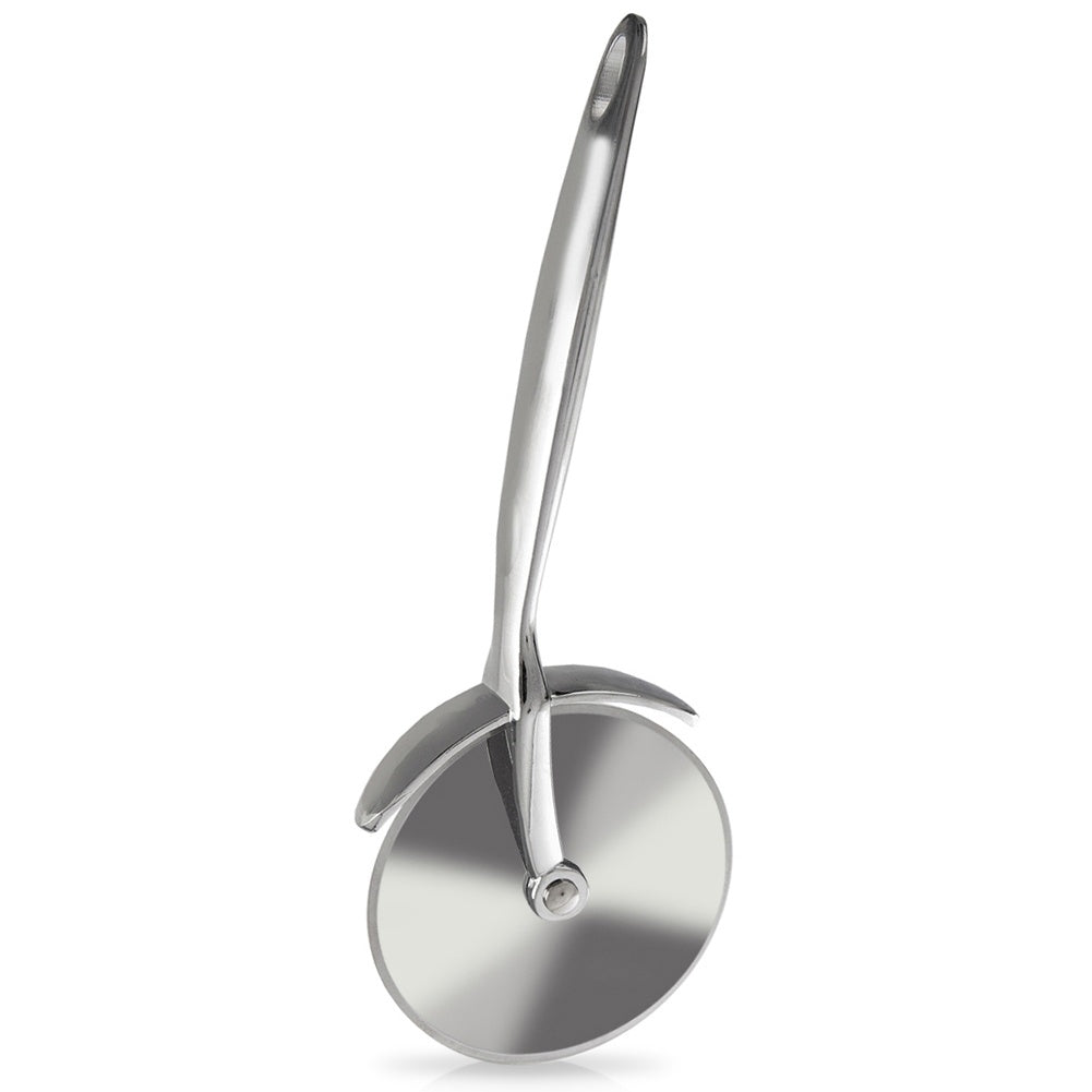 Metal pizza cutter with comfortable handle and suspension
