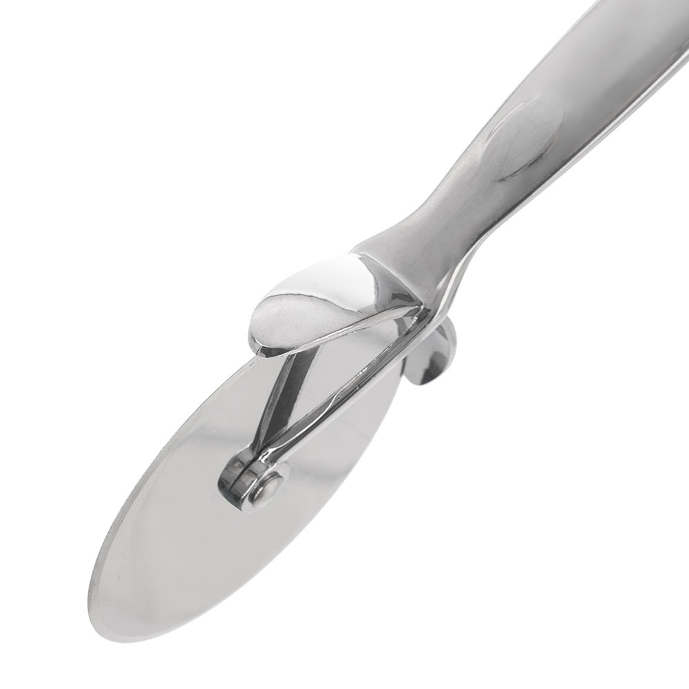 Metal pizza cutter with comfortable handle and suspension