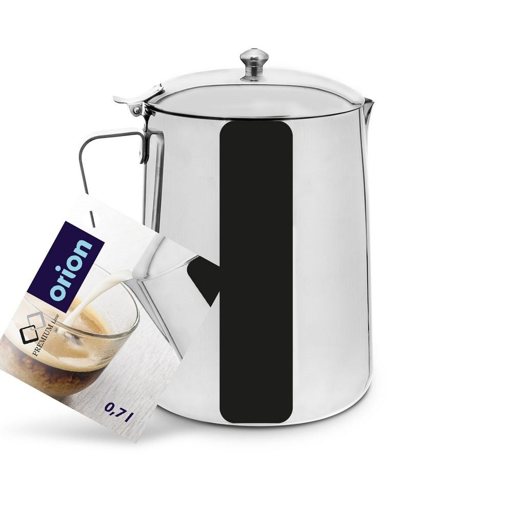 Milk jug with lid in stainless steel for coffee and cream