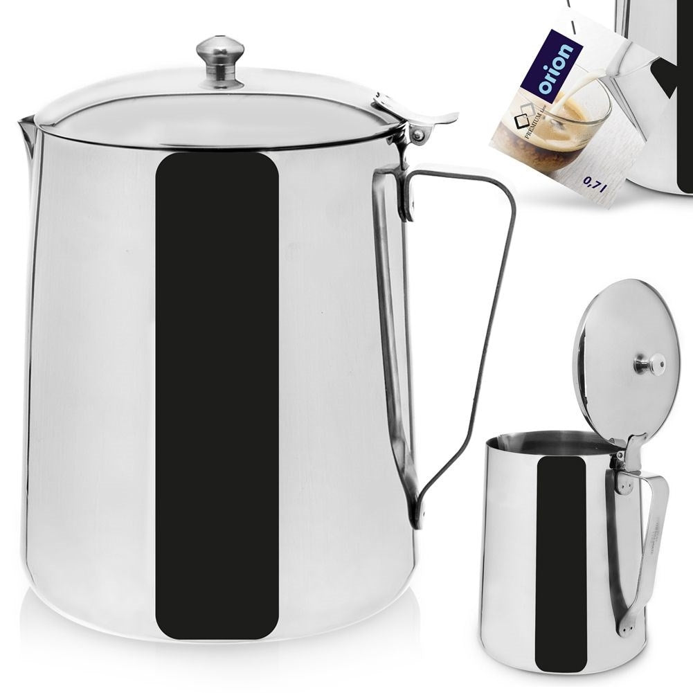 Milk jug with lid in stainless steel for coffee and cream