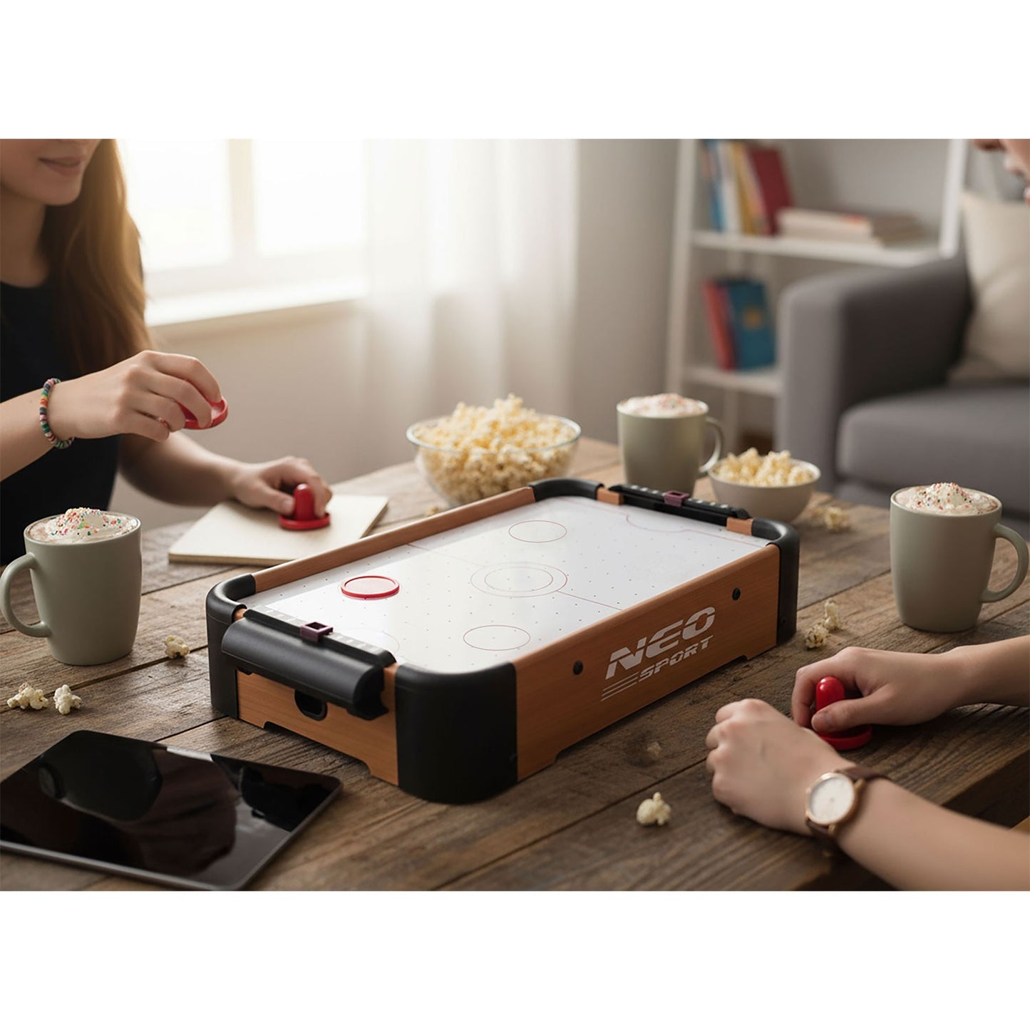 Mini Air Hockey Table with Pucks and Handles, Battery-Powered