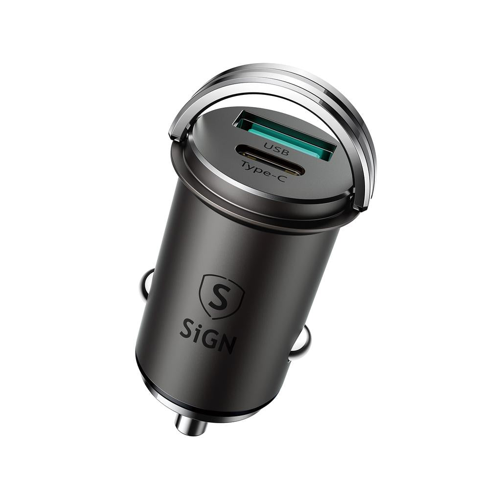 Mini Car Charger USB & USB-C, PD & Q.C3.0, 5A, 20W - Black