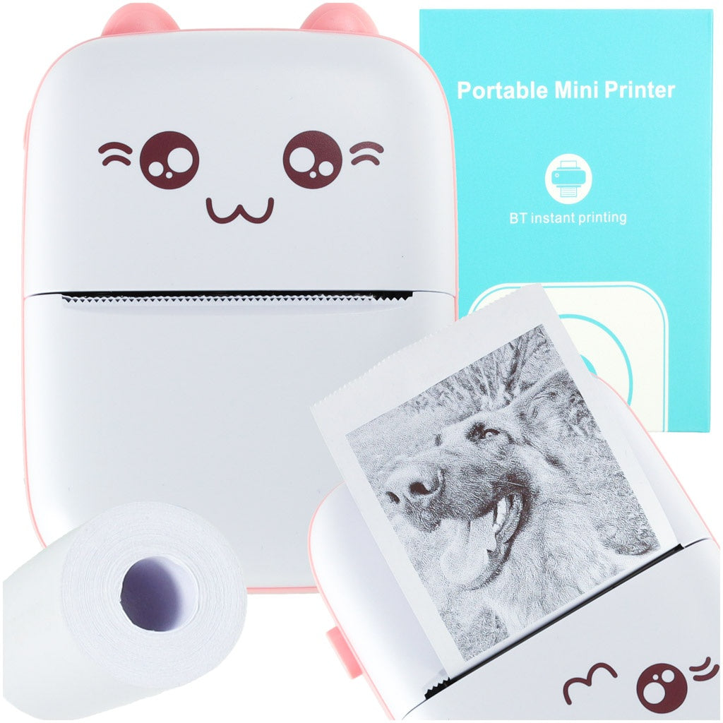 Mini thermal label photo printer + USB cable cat pink