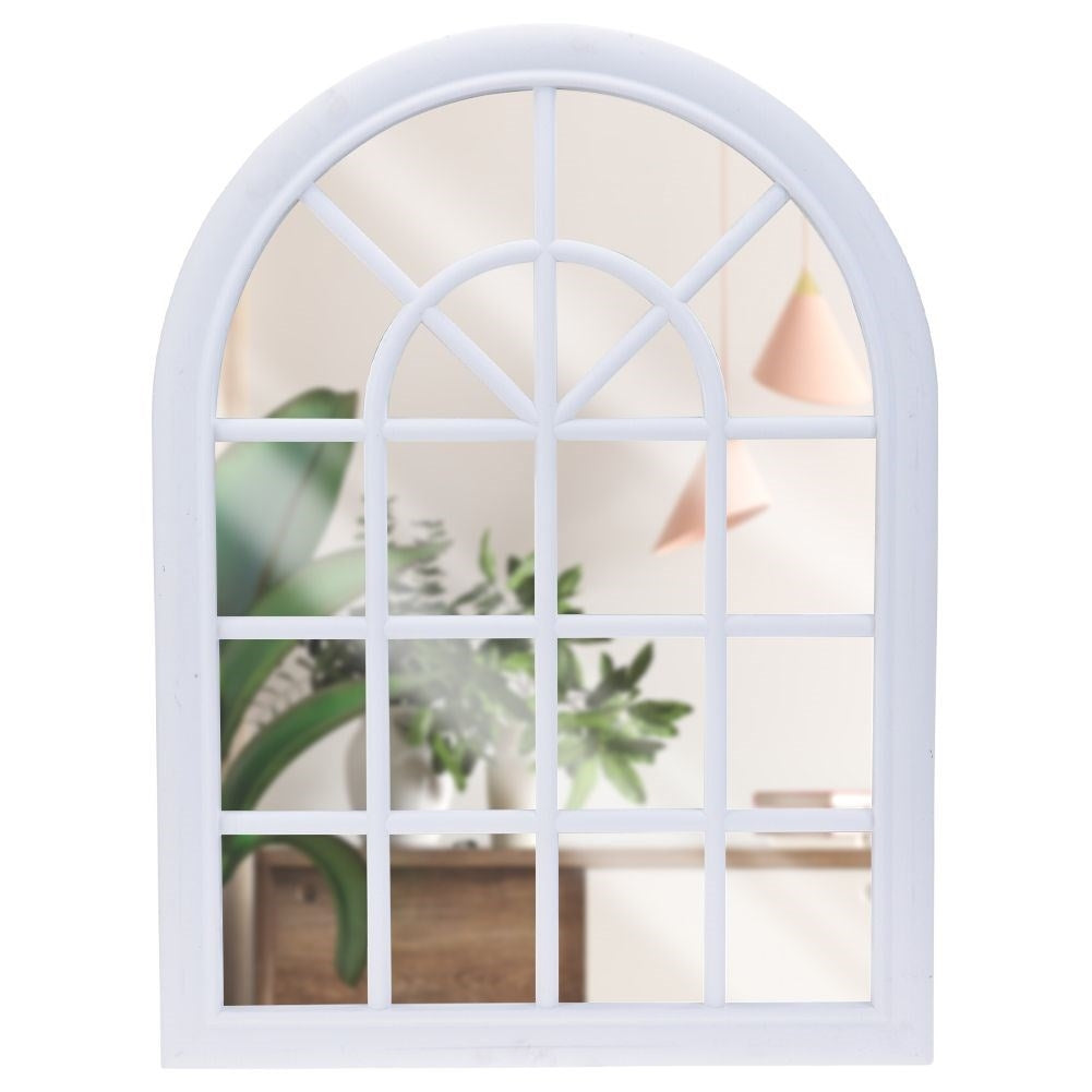 Mirror in white frame as a window, retro style, eye-catching decor.