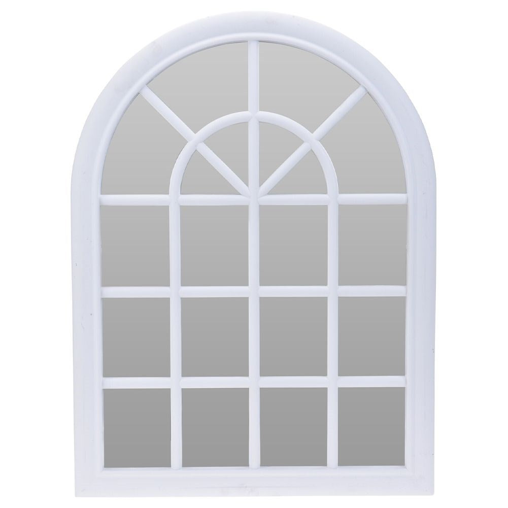 Mirror in white frame as a window, retro style, eye-catching decor.