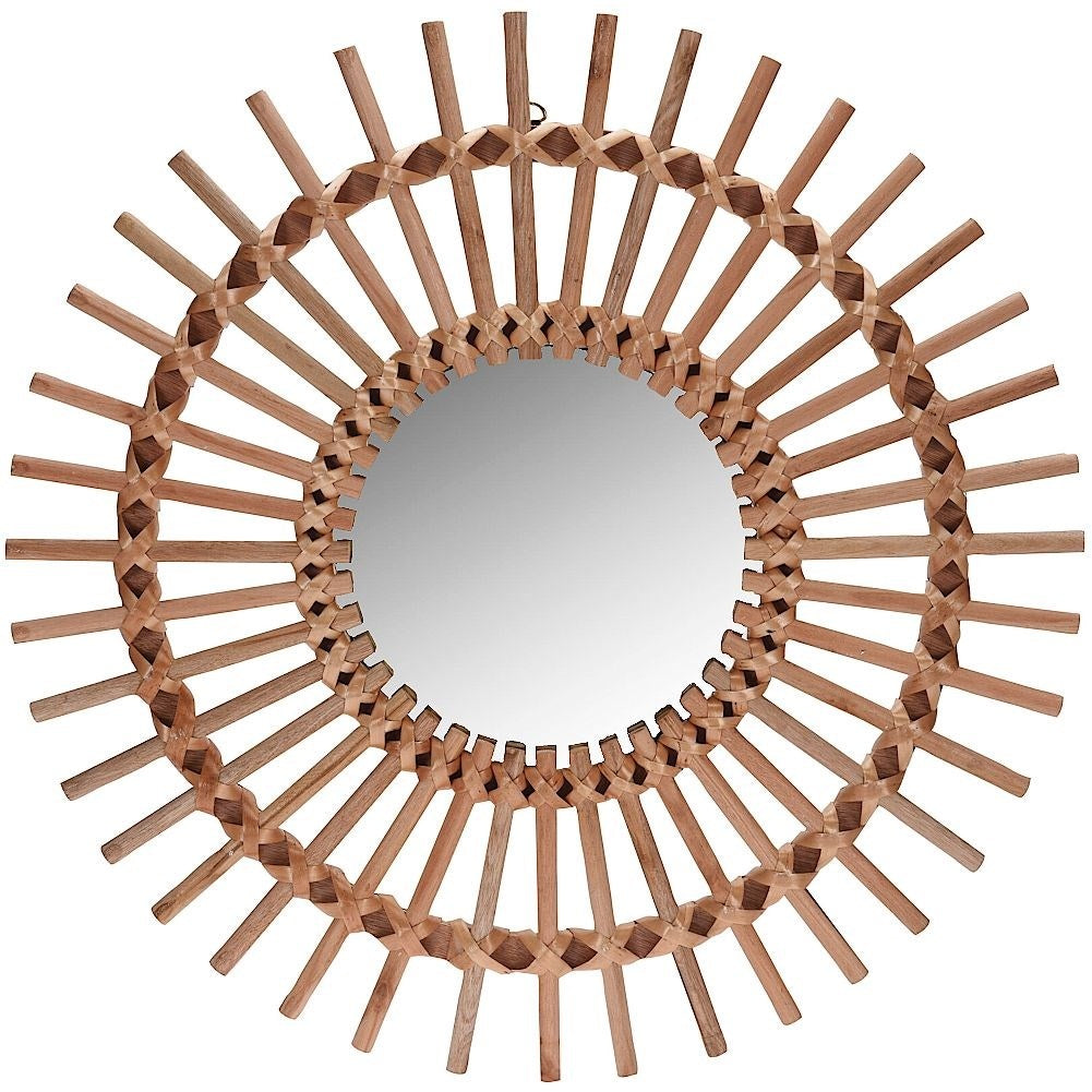 Mirror in wooden frame for Boho style wall hanging
