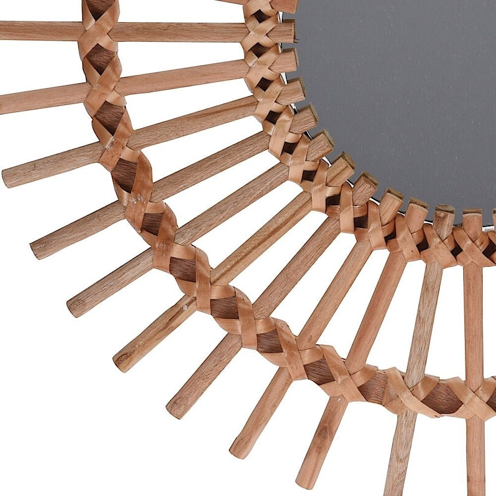 Mirror in wooden frame for Boho style wall hanging
