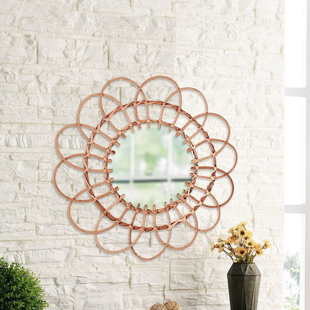 Mirror with Wicker Basket Frame for Boho Wall Hanging
